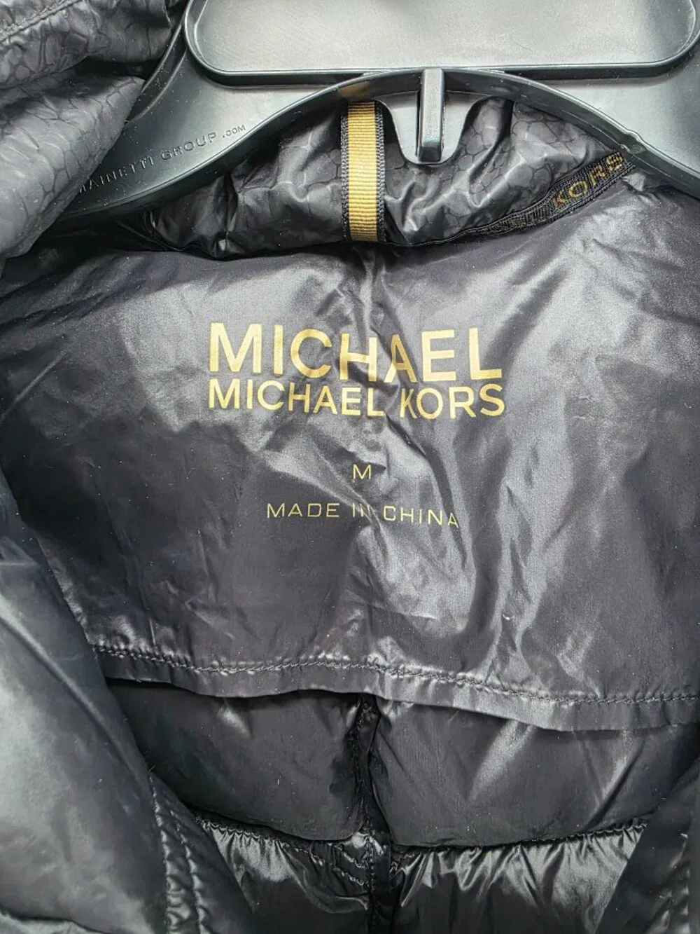 Michael Kors Black Quilted Puffer Vest Size M Faux Fur Hood Gold MK Logo